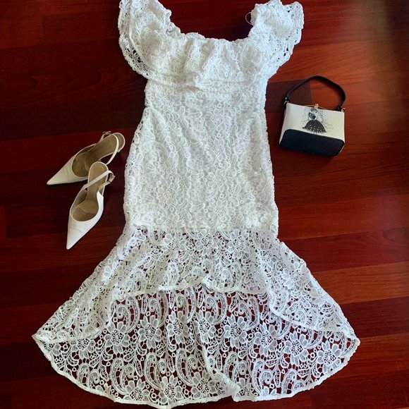 Lace Off Shoulder Sleeve Lace Mermaid Hem Dress - Picture 1 of 5